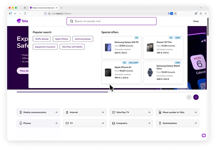 AI-driven search interface on Telia website showing telecom products and support results in real time.