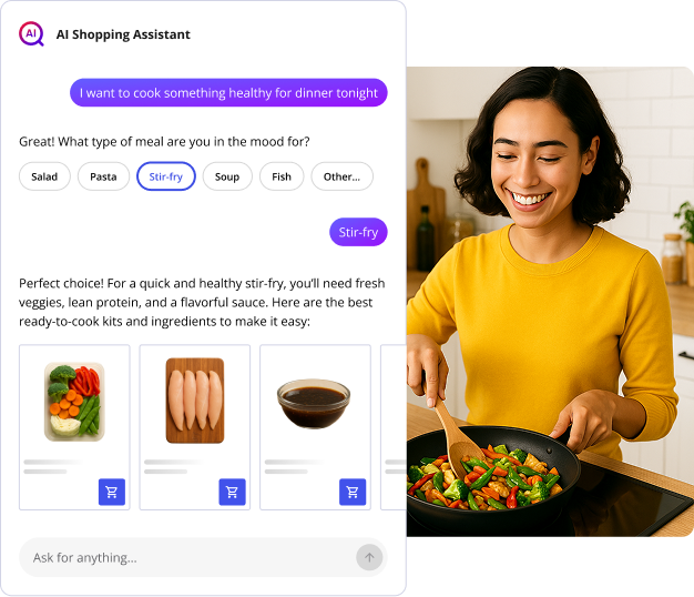 AI shopping assistant helping a customer find cooking equipment by asking clarifying questions about cooking style and preferences