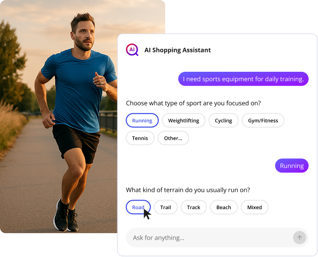 AI shopping assistant helping a customer find running gear by asking clarifying questions about sport type and terrain