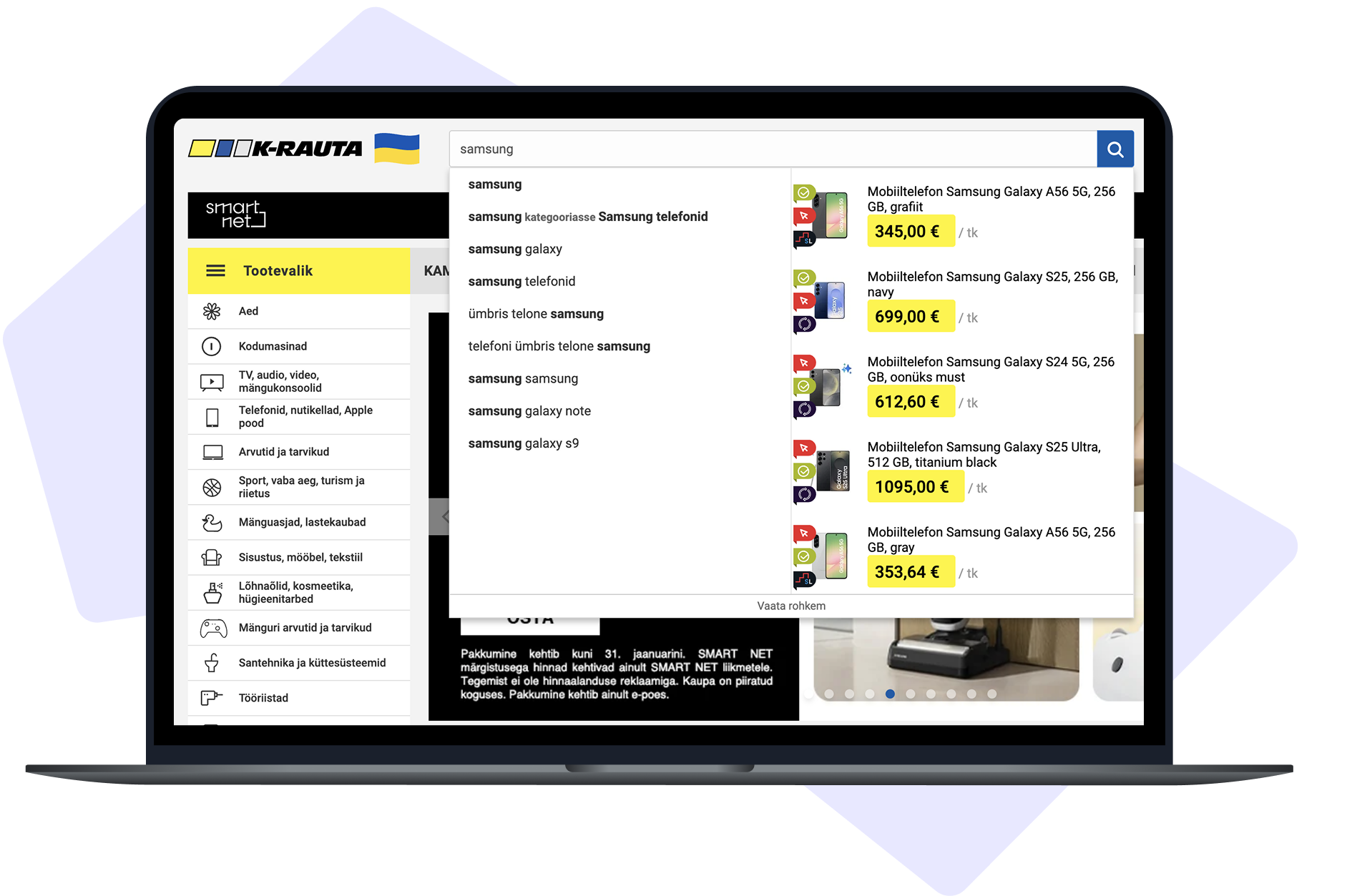 K-RAUTA case study with a laptop showing on-site search results