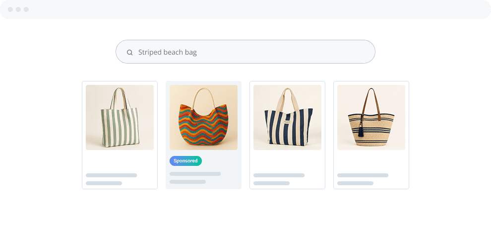 Search results mockup for "Striped beach bag" with a sponsored product highlighted